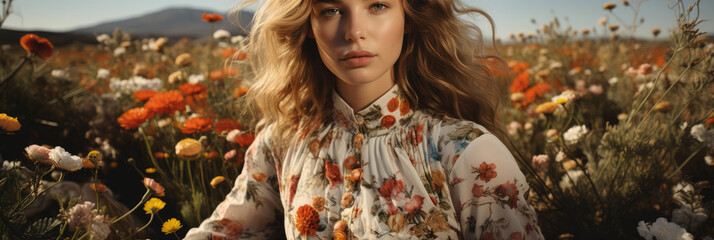 young woman in floral clothes surrounded by wild flowers, new fashion collection banner