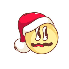 Groovy distorted smile emoji in Santa hat vector illustration. Cartoon isolated psychedelic retro sticker with funky trippy face for Christmas party, smile emoticon with crazy comic expression