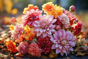 Fototapeta premium Beautiful autumnal bouquet in garden, closeup