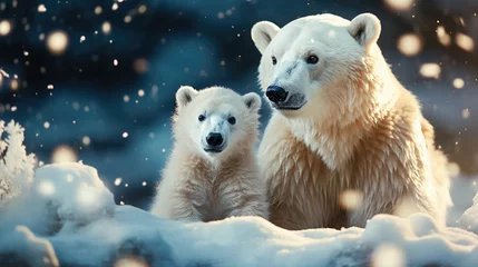 Ingelijste posters Mom and cub polar bear in the night snowy tundra © Svetlana Kolpakova