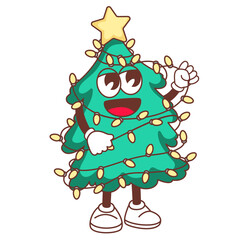 Groovy Christmas Tree character vector illustration. Cartoon isolated psychedelic retro sticker of Christmas fir mascot with happy trippy face, funny arms and legs, gold star and festive garland