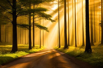 Beautiful rays of sunlight in a yellow forest,,