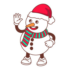 Groovy snowman character vector illustration. Cartoon isolated retro funky sticker of snowman wearing Santa hat and scarf, mascot waving and greeting Merry Christmas and Happy Winter Holidays