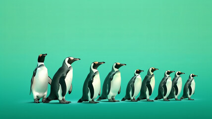 Obraz premium group of Penguin full body side view, isolated on green background,