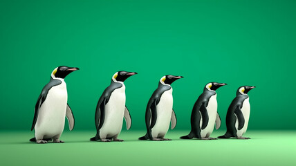 group of Penguin full body side view, isolated on green background,
