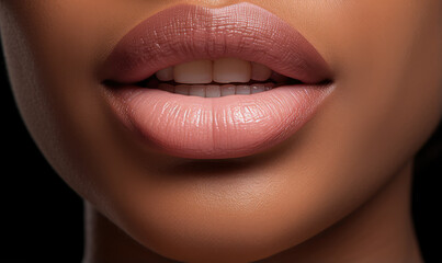 Beautiful female mouth in close up with lipstick in soft and elegant color, professional makeup.