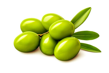 Green olives with leaves isolated on white background. Clipping path