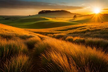 Abstract warm landscape of dry wildflower and grass meadow on warm golden hour sunset or sunrise time,