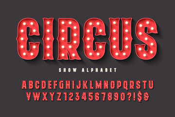 Retro circus alphabet design, cabaret, LED lamps letters and numbers. - obrazy, fototapety, plakaty