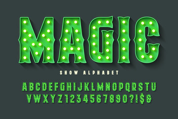 Retro circus alphabet design, cabaret, LED lamps letters and numbers.