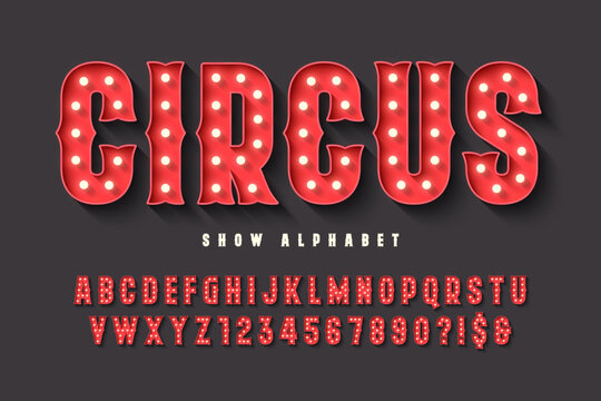 Retro circus alphabet design, cabaret, LED lamps letters and numbers.