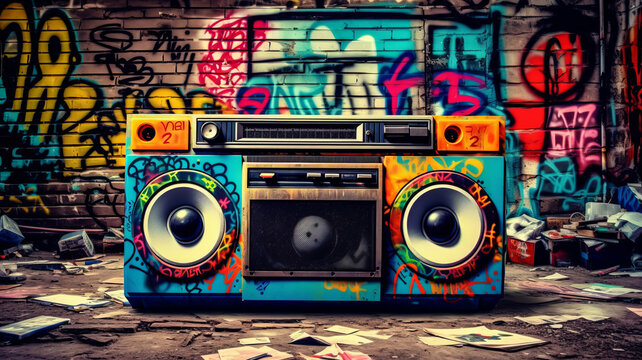 Retro old design ghetto blaster boombox radio cassette tape recorder from 1980s.