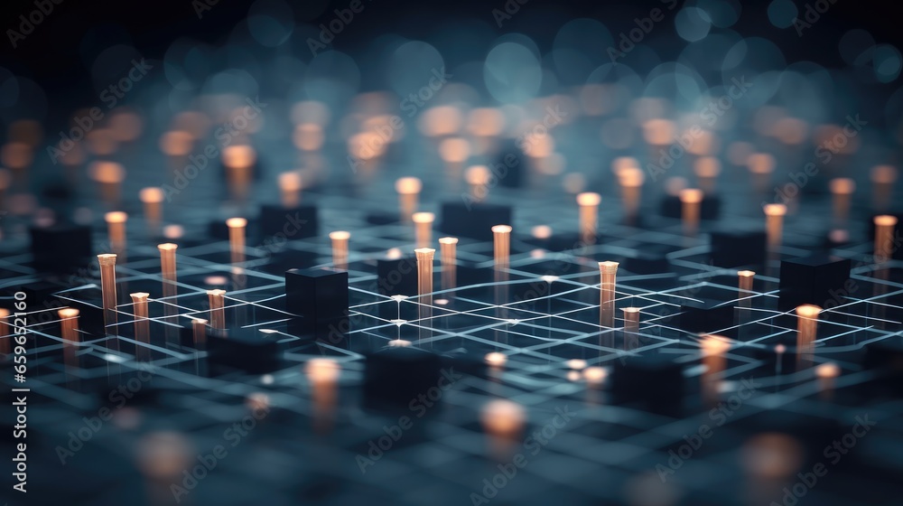 Wall mural abstract tech background with illuminated fiber optic connections, quantum computing network system 
