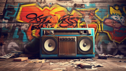 Retro old design ghetto blaster boombox radio cassette tape recorder from 1980s. - obrazy, fototapety, plakaty