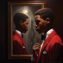 Young Black Male Wearing Suit in Mirror, Classic African American Portrait, Black Man Looking in Mirror, Wearing Suit, Kappa Alpha Psi Fraternity, Black Man Portrait, BLM, Black and Red Suit, Vintage