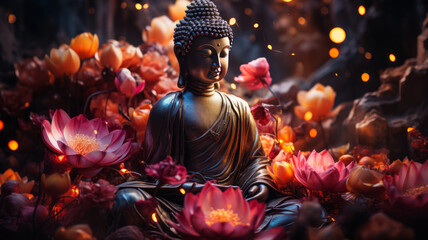 Buddha, Maravichai posture sitting in the middle of large multi-colored lotus flowers.