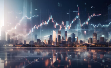 Investment and trading concept with business chart and cityscape background.