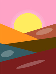 A sunset with a mountain in the background illustration