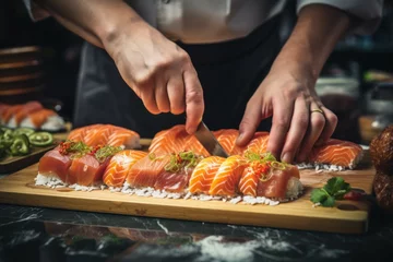 Foto op Plexiglas Creative Hands chef preparing sushi cook. Asian plate. Generate Ai © juliars