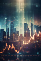 Investment and trading concept with business chart and cityscape background. - obrazy, fototapety, plakaty