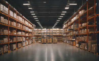 Fototapeta premium A large logistics warehouse filled with boxes parcels and merchandise.