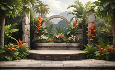 Stone podium with tropical plants and flowers nature background.