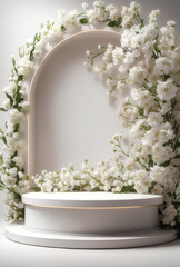 Fototapeta na wymiar Modern podium with white blooming flowers background.