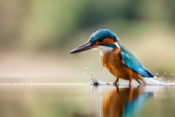 Female Kingfisher emerging from the water after an unsuccessful dive to grab a fish,,