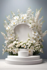 Modern podium with white blooming flowers background.