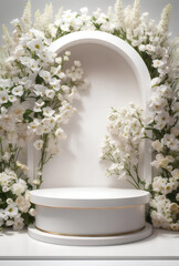 Fototapeta na wymiar Modern podium with white blooming flowers background.