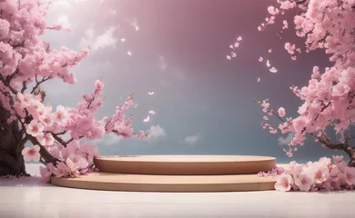 Wandcirkels tuinposter Modern podium with blooming cherry blossom background. © Creative_Bringer