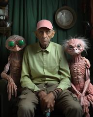 Peculiar Man in Hat Sitting Peacefully with Strange and Bizarre Otherworldly Creatures - An Unexpected & Friendly Alien Encounter. Generative AI.