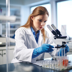 Female Scientist Researcher working in a clinical lab on experiments using scientific equipment
