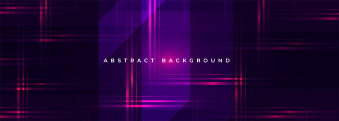 Dark wide abstract horizontal futuristic banner with pink striped glowing lines. Vector illustration background