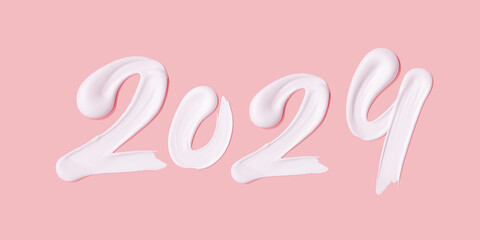 Happy New year 2024 smeared cream mark. White paint numeral 2024 on pink background. 3D rendering - 659653358
