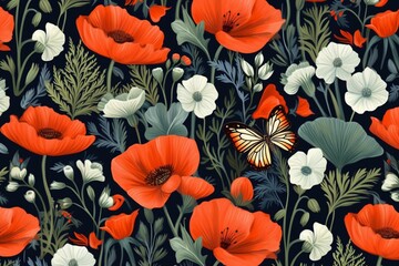 Floral pattern with meadow and butterflies, perfect for nursery design and textile. Generative AI