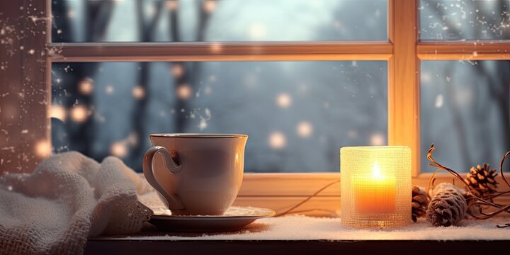 winter book, candle, cup and winter scenery in the window Generative AI