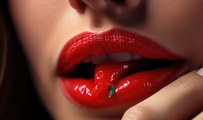 Beautiful female mouth in close up with red lipstick eating a red pepper, professional makeup. - obrazy, fototapety, plakaty