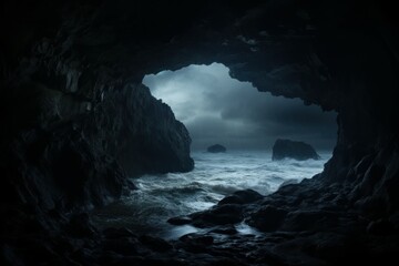 Fototapeta premium Captivating Sea wave photo from cave. Rock scenic. Generate AI