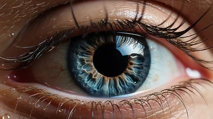 Tuinposter Close-up of a woman's wide left blue eye in low light telephoto lens natural lighting,generative ai © LomaPari2021