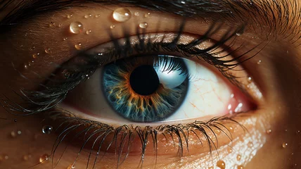 Fototapeten Close-up of a woman's wide left blue eye in low light telephoto lens natural lighting,generative ai © LomaPari2021
