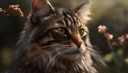 Fototapeta premium Fluffy kitten sitting in grass, staring at camera with cute whiskers generated by AI
