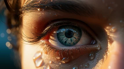Foto op Aluminium Close-up of a woman's wide left blue eye in low light telephoto lens natural lighting,generative ai © LomaPari2021
