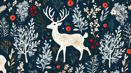 Seamless pattern with deer and flowers on dark background