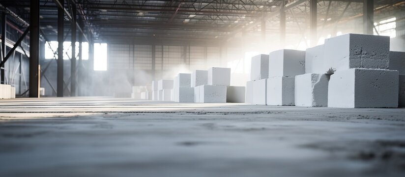 White aerated concrete blocks stacked on the floor of an industrial building under construction
