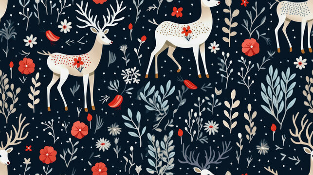 Seamless pattern with deer and flowers on dark background