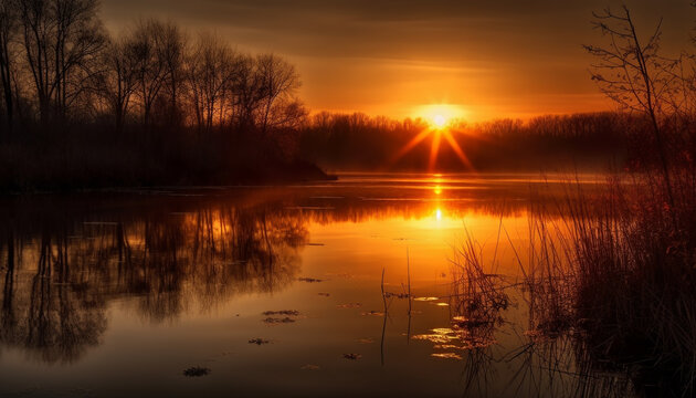 Vibrant sunset reflects on tranquil water scene generated by AI © Jeronimo Ramos