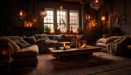 Fototapeta na wymiar Luxury living room illuminated by modern electric lamp generated by AI