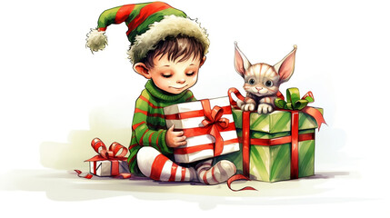 Christmas Elf with gift box and cute cat