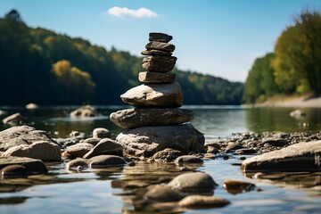 A small stone tower built with pebbles and stones by the river. piled stones. the custom of making a wish. generative AI